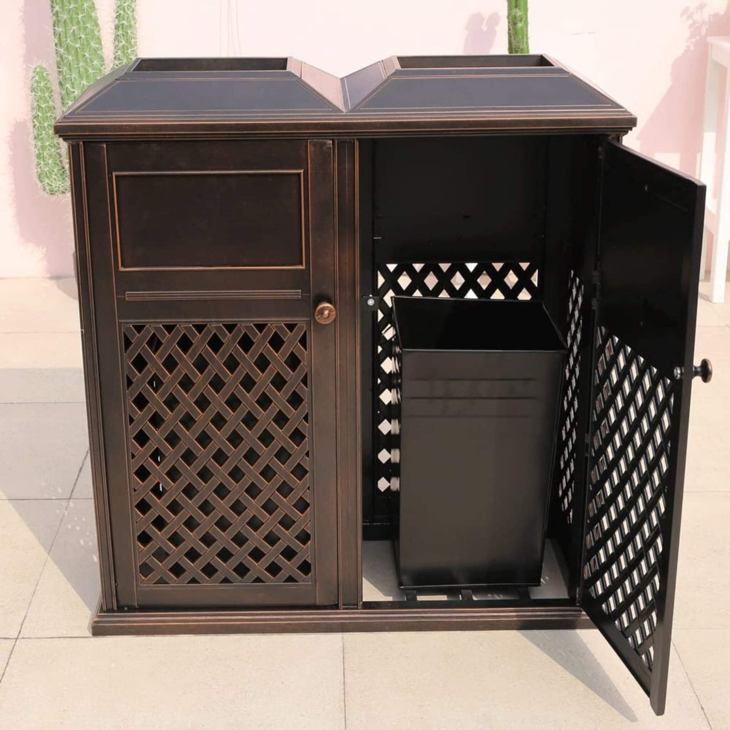 40″ Outdoor Double-Bucket Cast Aluminum Commercial Trash Can with Ashtray