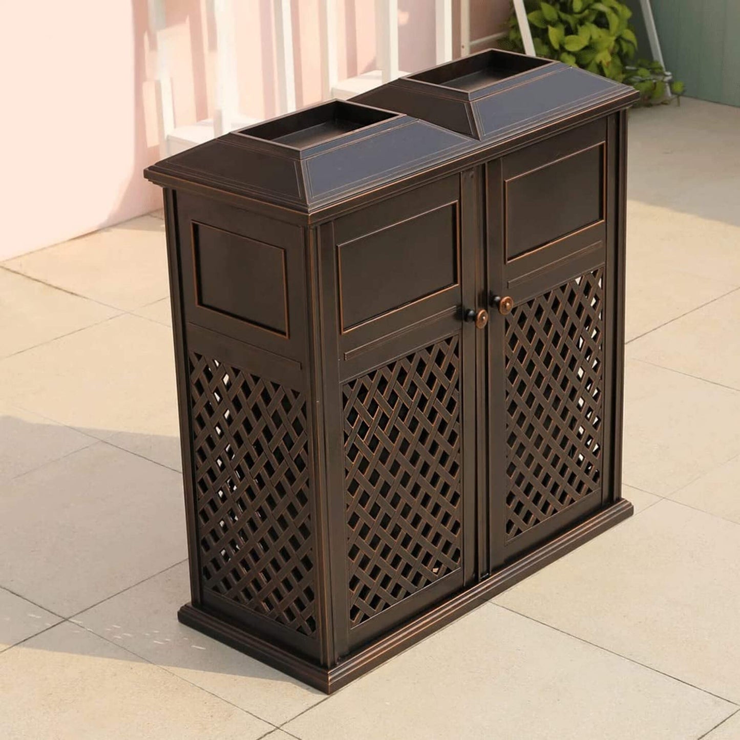 40″ Outdoor Double-Bucket Cast Aluminum Commercial Trash Can with Ashtray