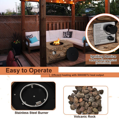 Outdoor setting with a fire pit table, seating area, and product details about the fire pit.