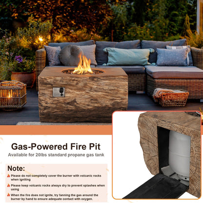 Outdoor patio setting with a gas-powered fire pit table and seating area.