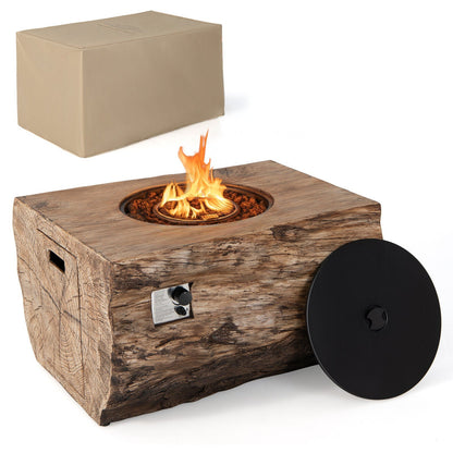 Wooden fire pit table with flames, a cardboard box, and a black lid on a white background