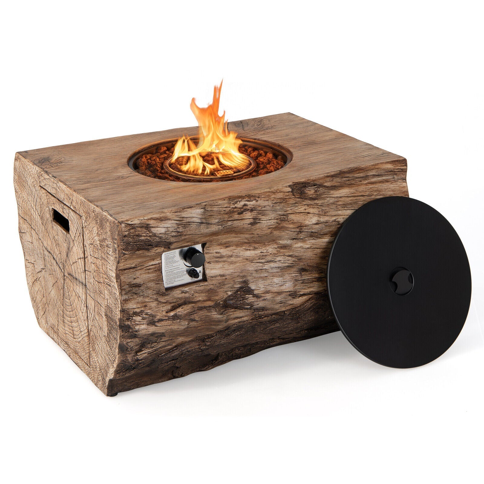 Wooden fire pit table with flames on a white background