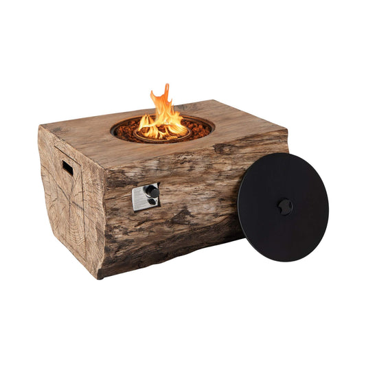 Wooden fire pit table with flames on a white background