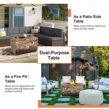 Outdoor furniture set with a wooden table labeled as a dual-purpose table, patio side table, and fire pit table.