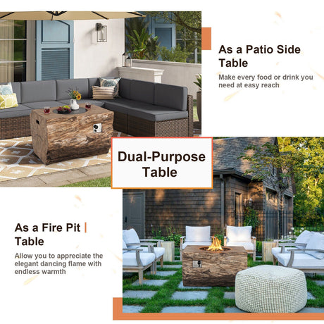 Outdoor furniture set with a wooden table labeled as a dual-purpose table, patio side table, and fire pit table.