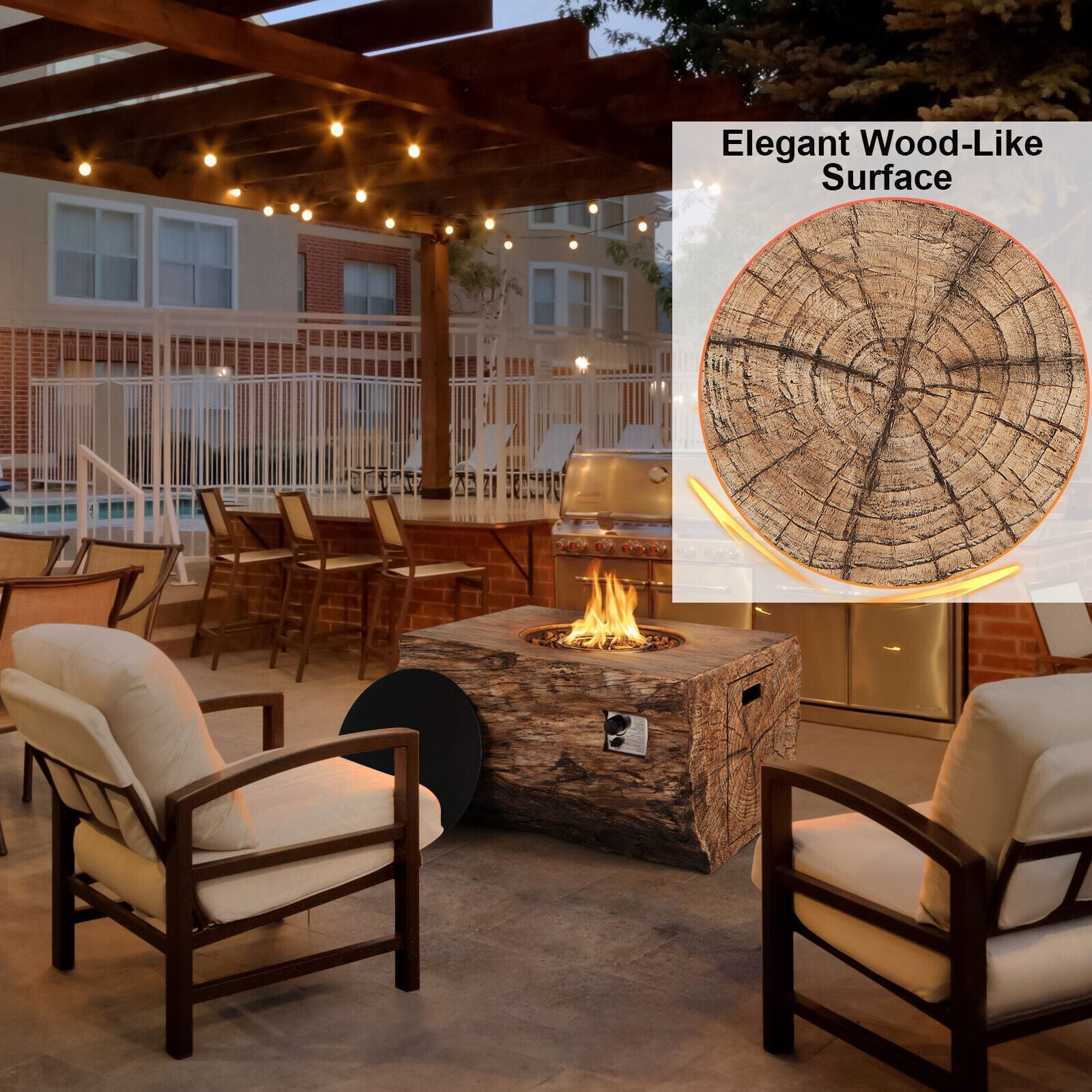 Outdoor patio with fire pit, chairs, and pool area, featuring an inset of wood-like surface texture.