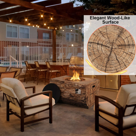 Outdoor patio with fire pit, chairs, and pool area, featuring an inset of wood-like surface texture.