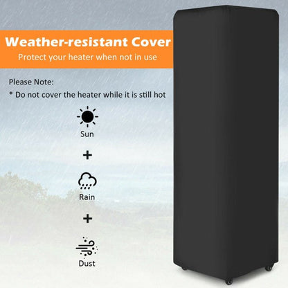 Black weather-resistant cover for a heater with text on a gray background