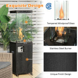 Outdoor fire pit with tempered windproof glass, stainless steel burner, and unique finish design.