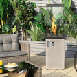 Outdoor patio scene with a fire pit, furniture, and plants.
