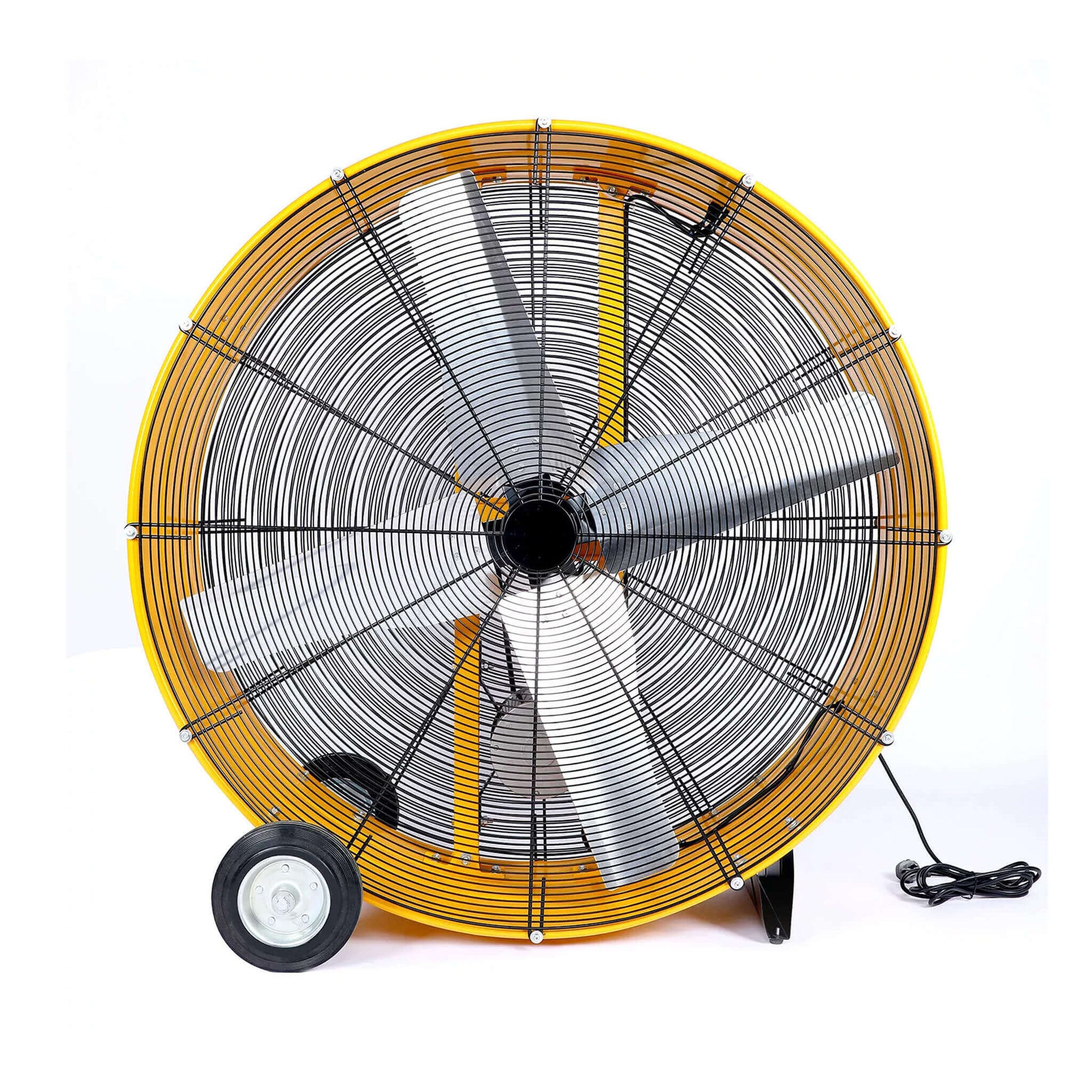 Large industrial fan with yellow frame and black blades on a white background