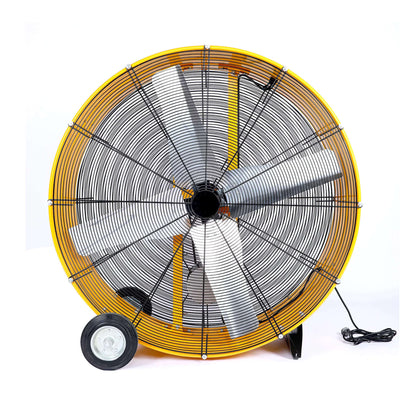 Large industrial fan with yellow frame and black blades on a white background