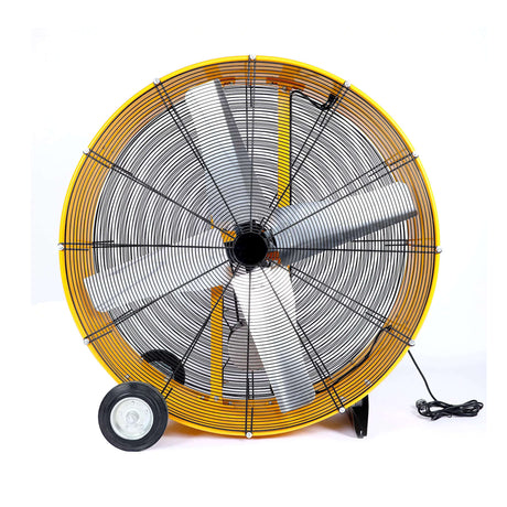 Large industrial fan with yellow frame and black blades on a white background
