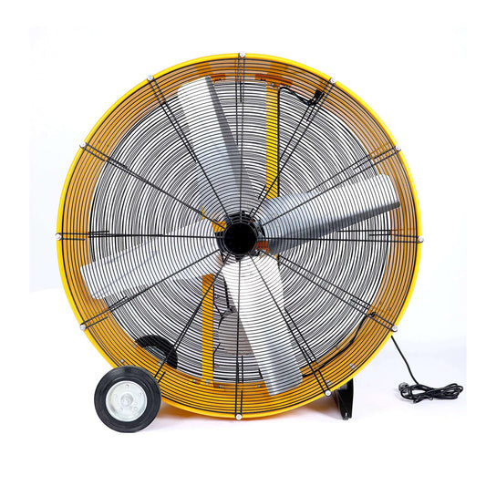 Large industrial fan with yellow frame and black blades on a white background