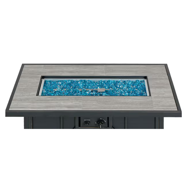 Rectangular fire pit table with blue glass flames on a white background