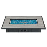 Rectangular fire pit table with blue glass flames on a white background