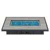Rectangular fire pit table with blue glass flames on a white background