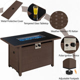 Outdoor fire pit table with features highlighted on a white background