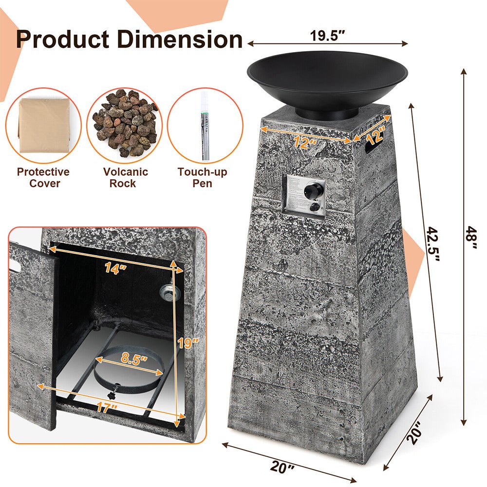 48″ Outdoor Propane Fire Bowl Column with Cover & Lava Rocks