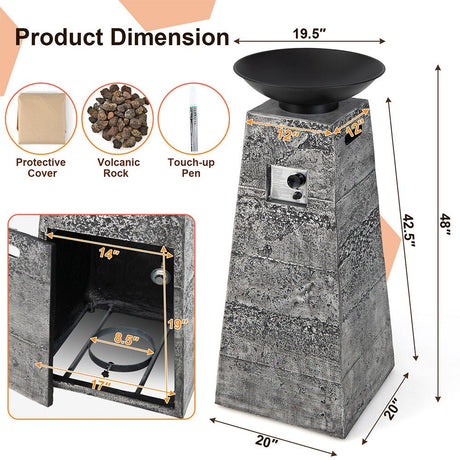 48″ Outdoor Propane Fire Bowl Column with Cover & Lava Rocks