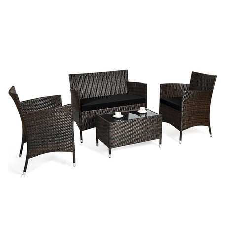 4‑Piece Outdoor Rattan Patio Furniture Set with Cushions & Coffee Table