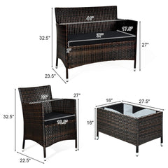 Wicker outdoor furniture set with dimensions on a white background