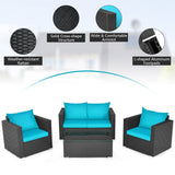 Outdoor furniture set with blue cushions and features highlighted on a white background
