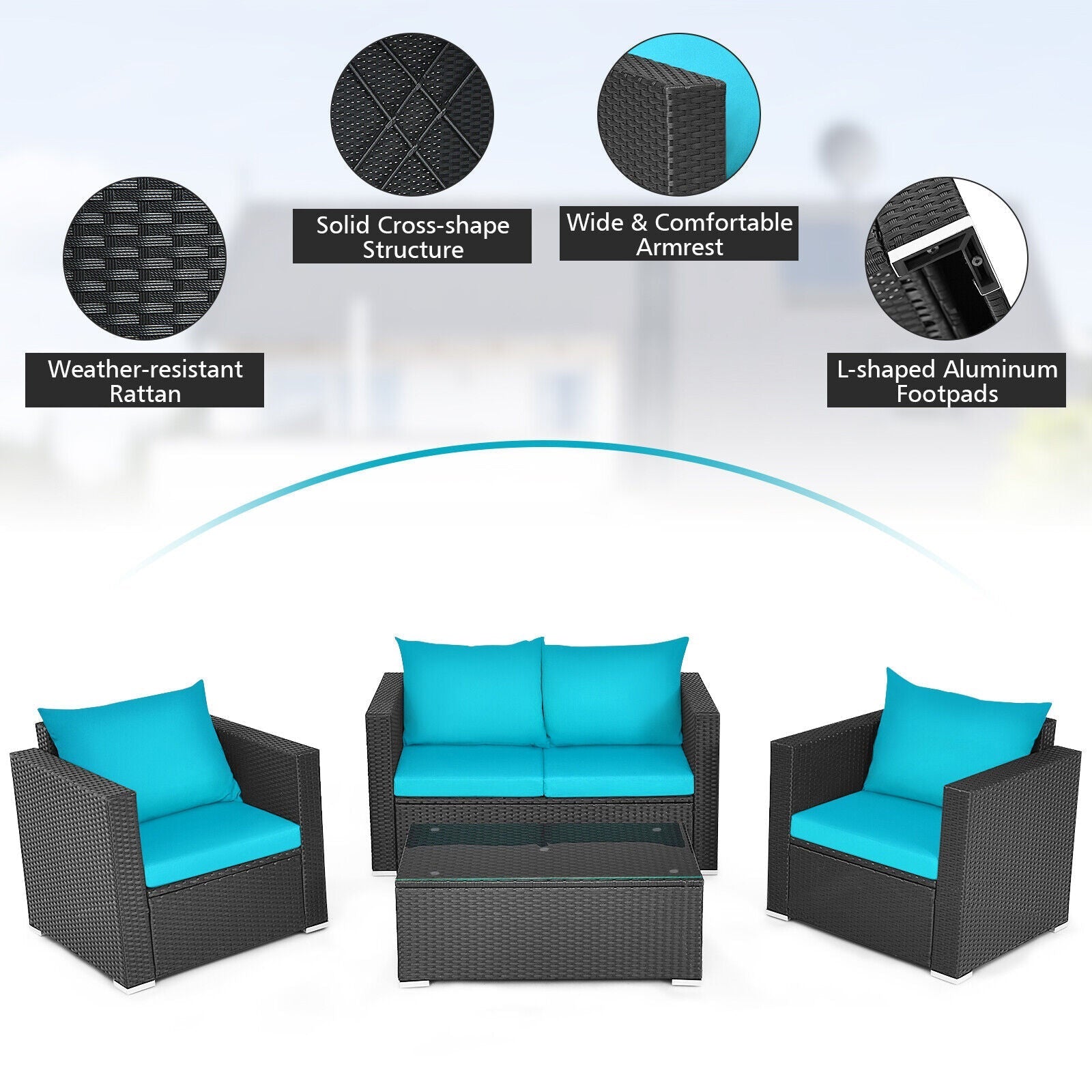 Outdoor furniture set with blue cushions and features highlighted on a white background