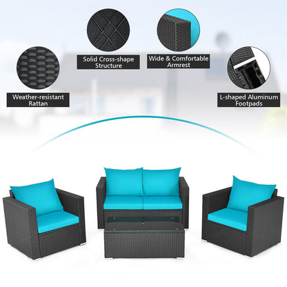 Outdoor furniture set with blue cushions and features highlighted on a white background
