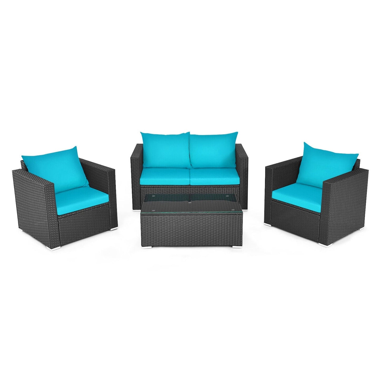 Outdoor furniture set with blue cushions on a white background