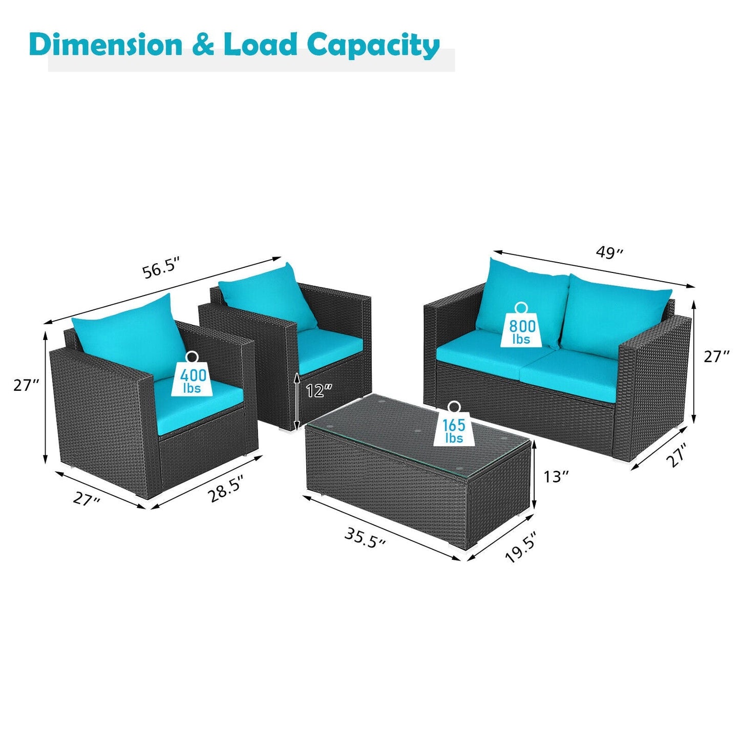Outdoor furniture set with dimensions and load capacity labels on a white background