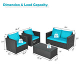 Outdoor furniture set with dimensions and load capacity labels on a white background