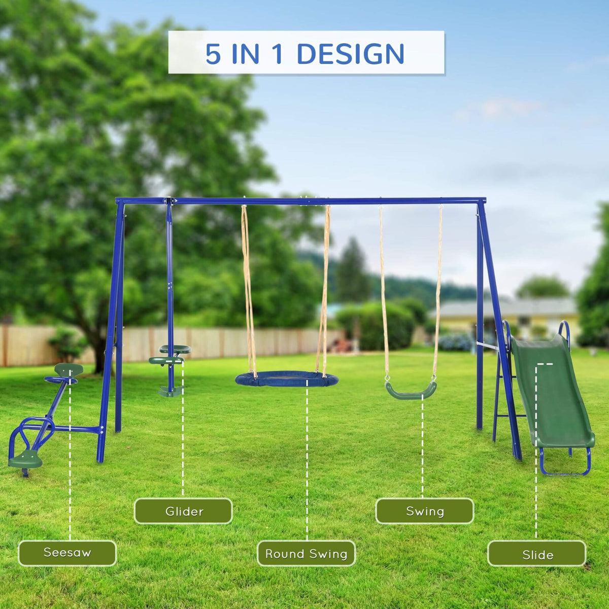 5-in-1 playground structure with swings, slide, and glider on grassy area with trees in the background.