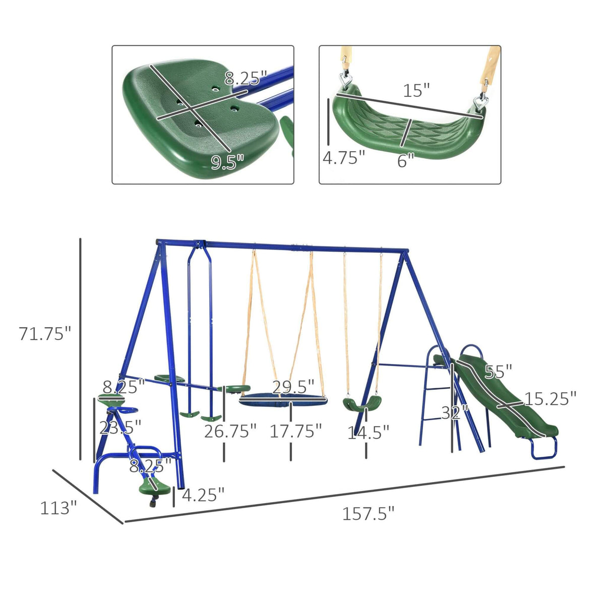 Playground structure with swing set, slide, and climbing wall, showing dimensions on a white background.