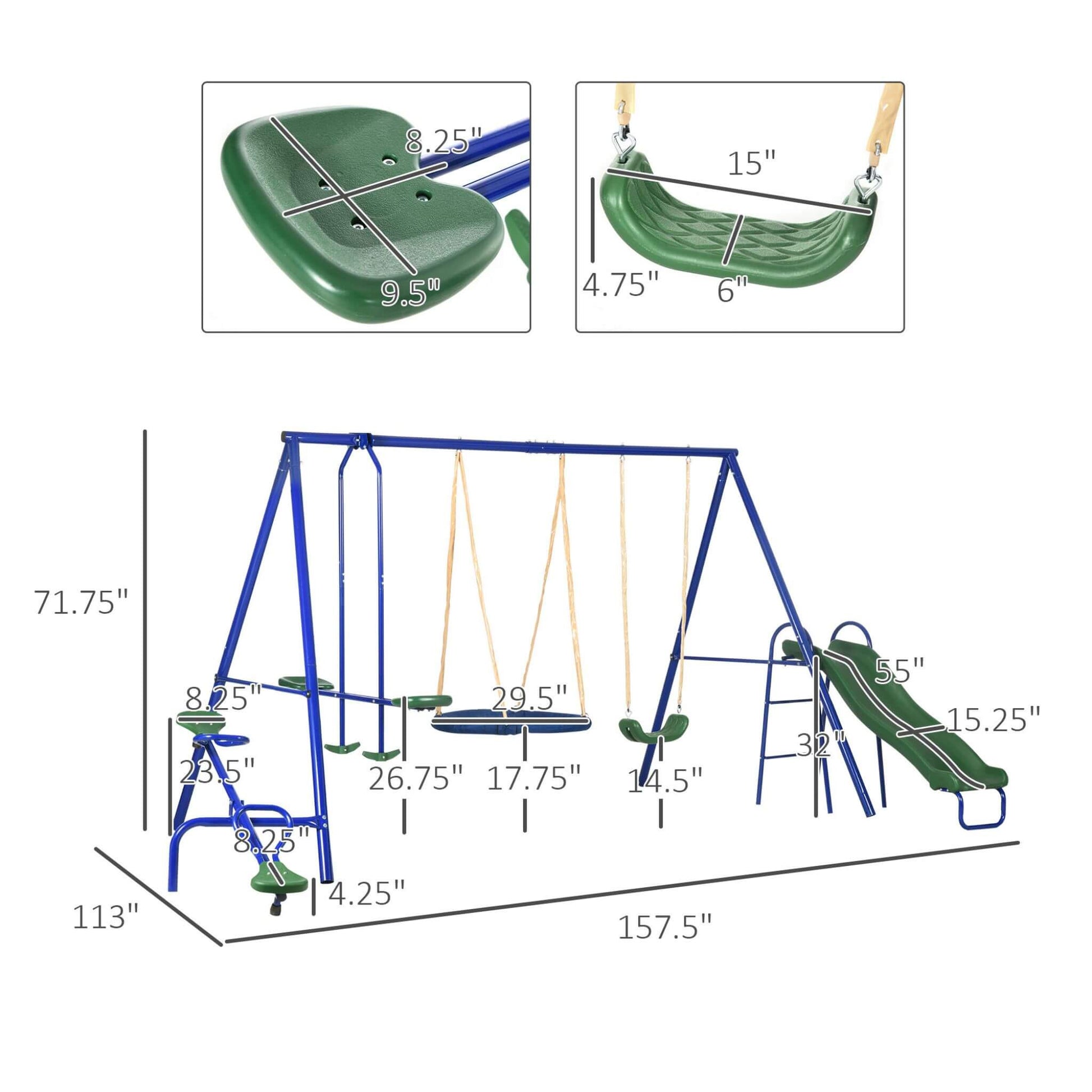 Playground structure with swing set, slide, and climbing wall, showing dimensions on a white background.