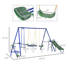 Playground structure with swing set, slide, and climbing wall, showing dimensions on a white background.