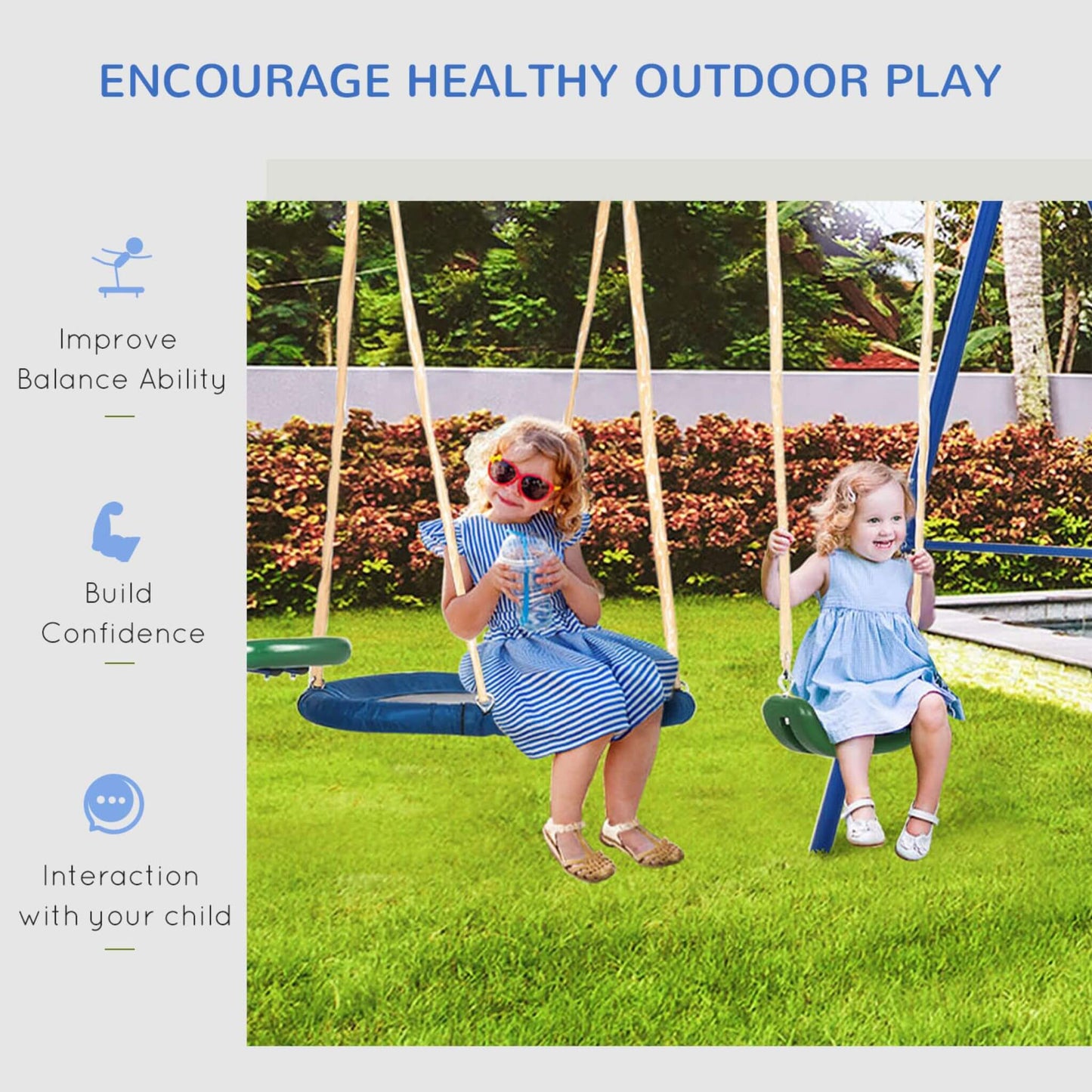 Two children on swings with text about healthy outdoor play