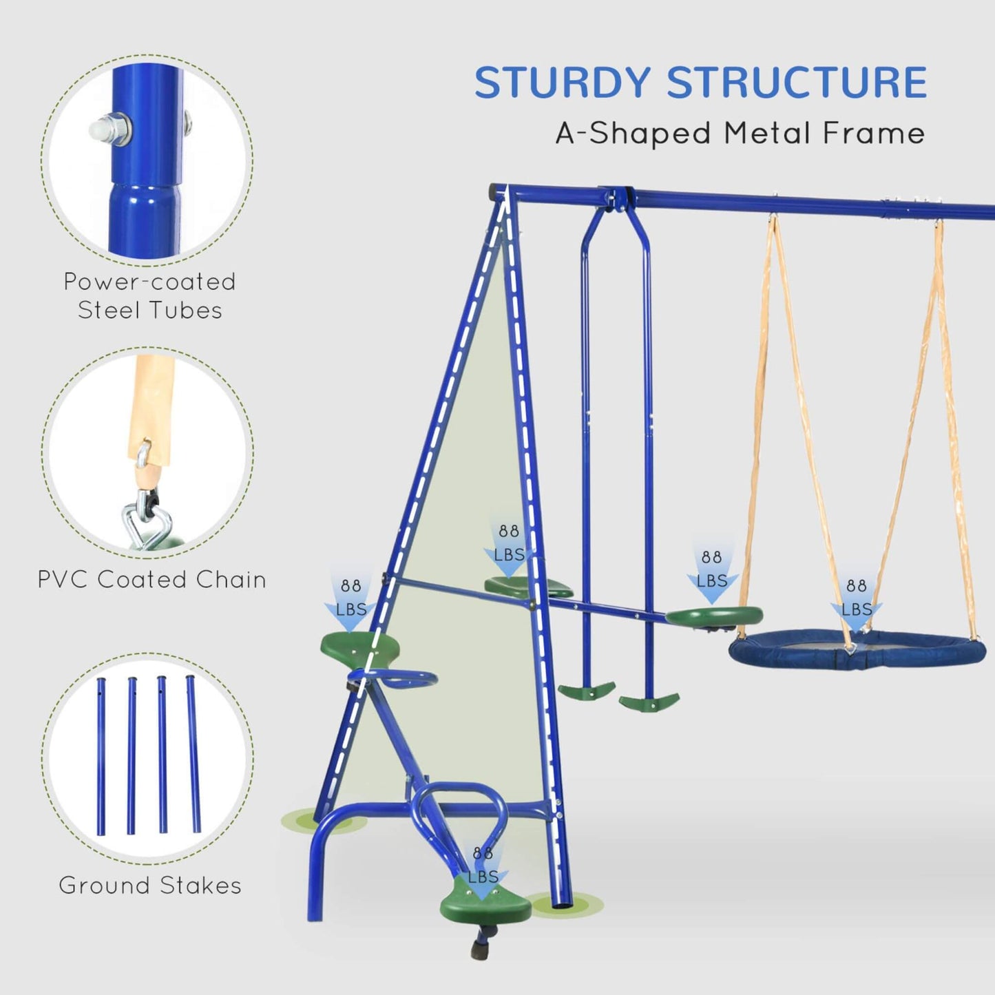 Children's swing set with A-shaped metal frame, power-coated steel tubes, PVC-coated chain, and ground stakes on a light gray background.