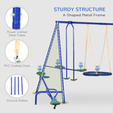 Children's swing set with A-shaped metal frame, power-coated steel tubes, PVC-coated chain, and ground stakes on a light gray background.