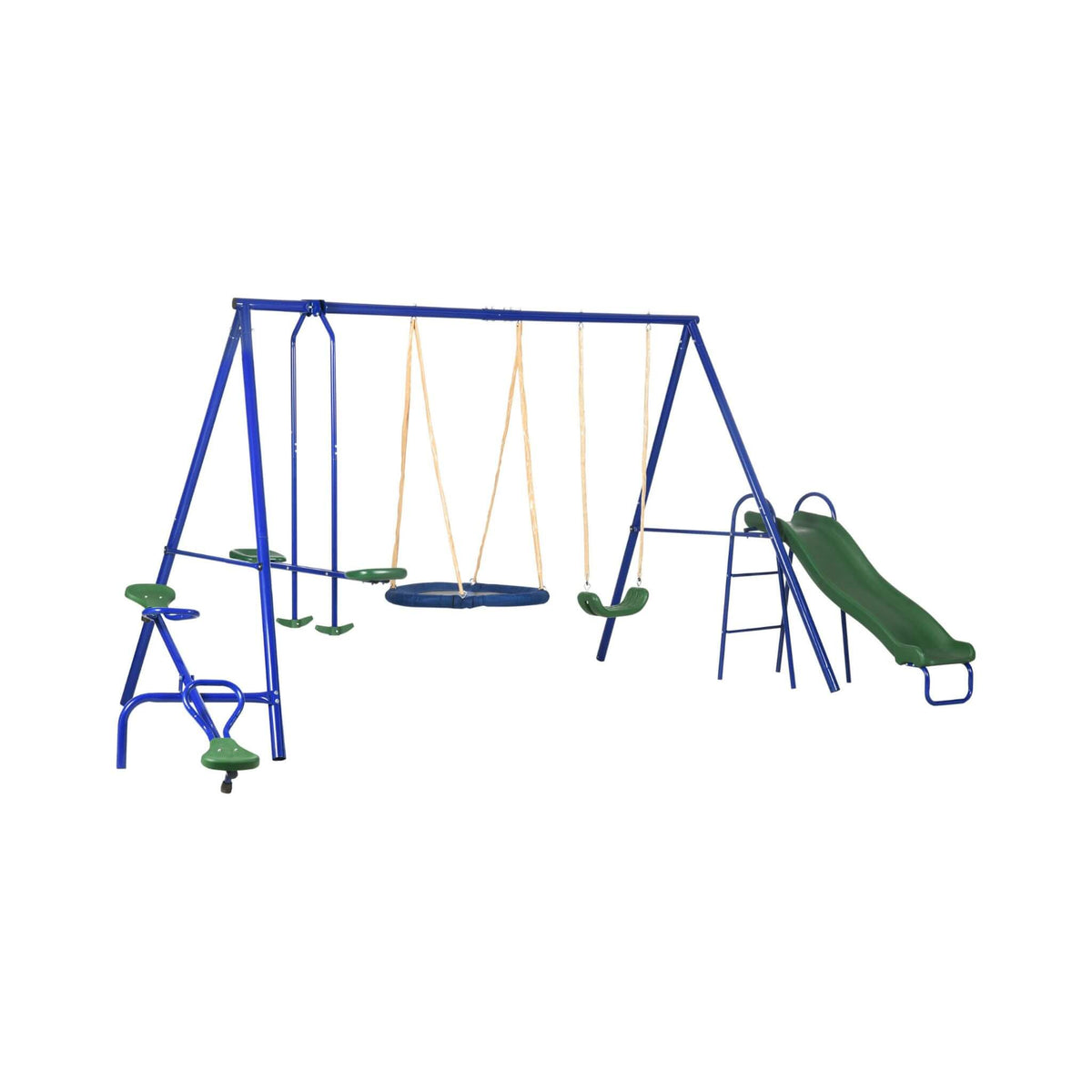 Children's playground set with swing, slide, and ladder on a white background