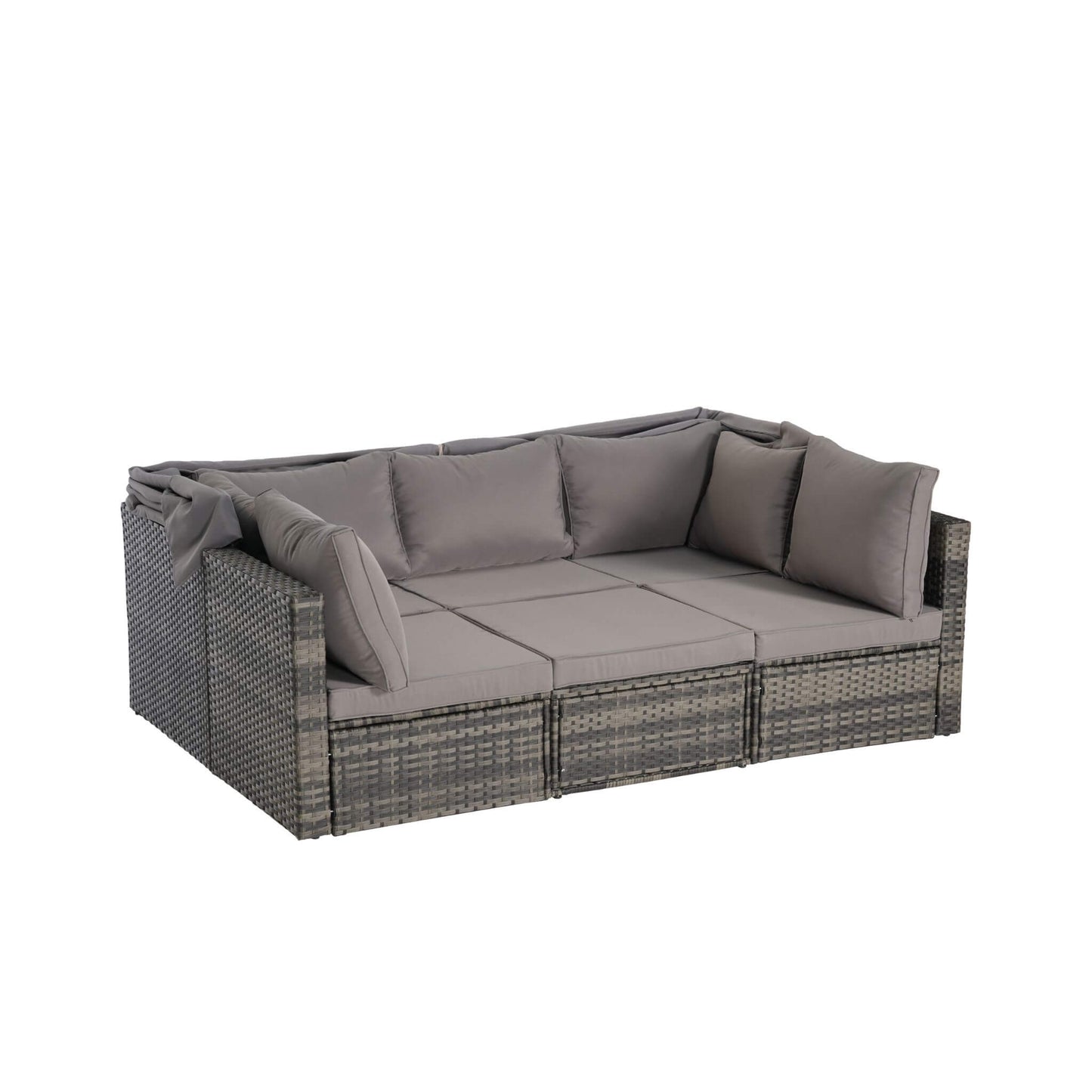 Gray outdoor sofa with cushions on a white background