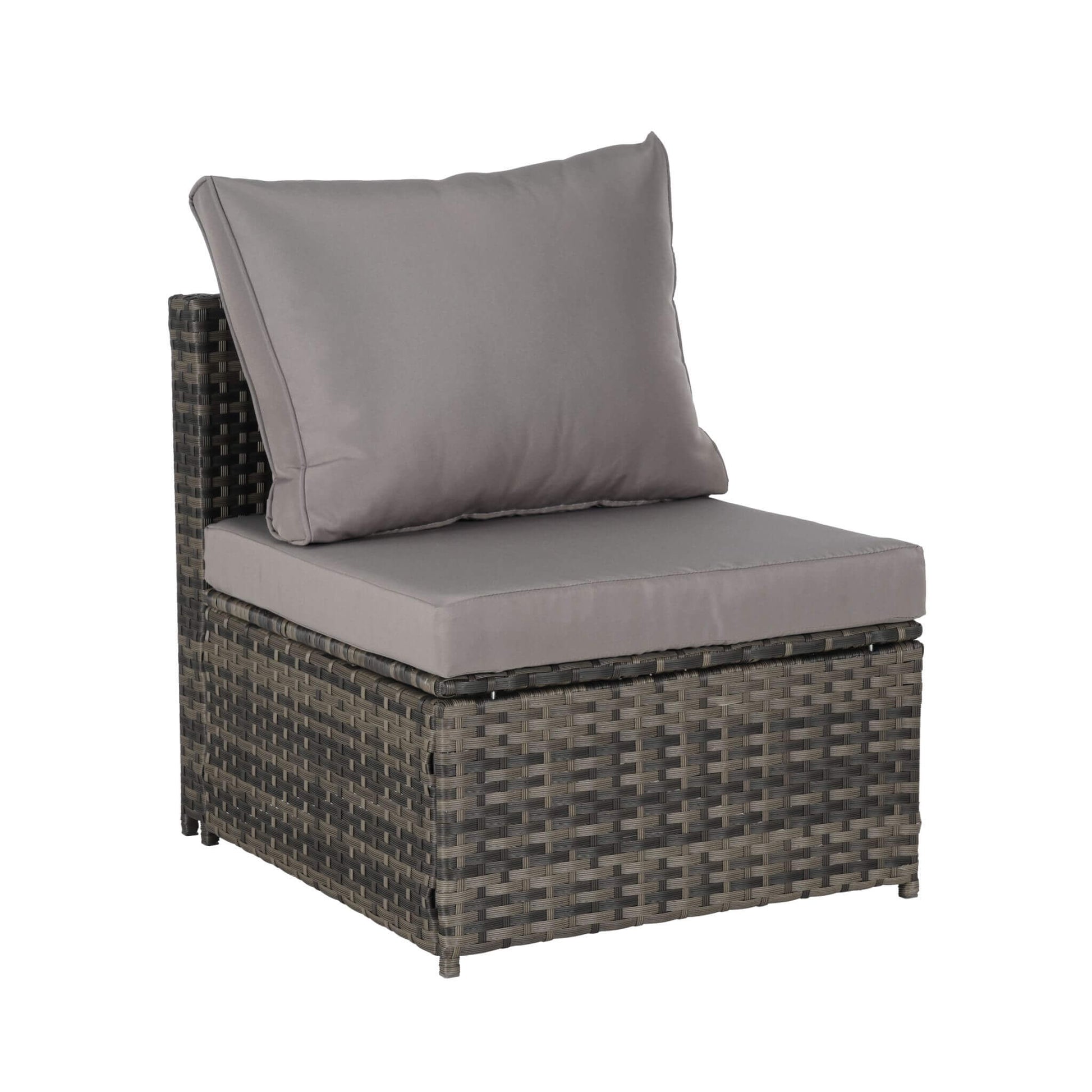 Corner chair with wicker frame and gray cushions on a white background