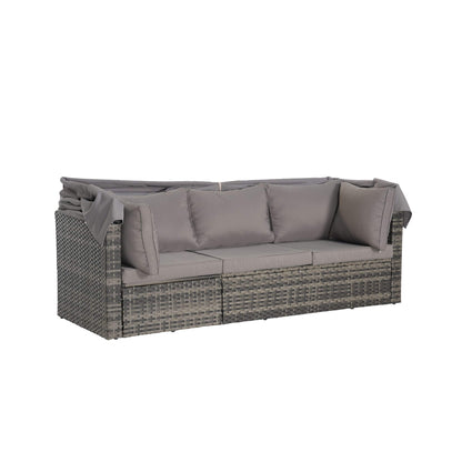 Gray outdoor sofa with wicker frame on a white background