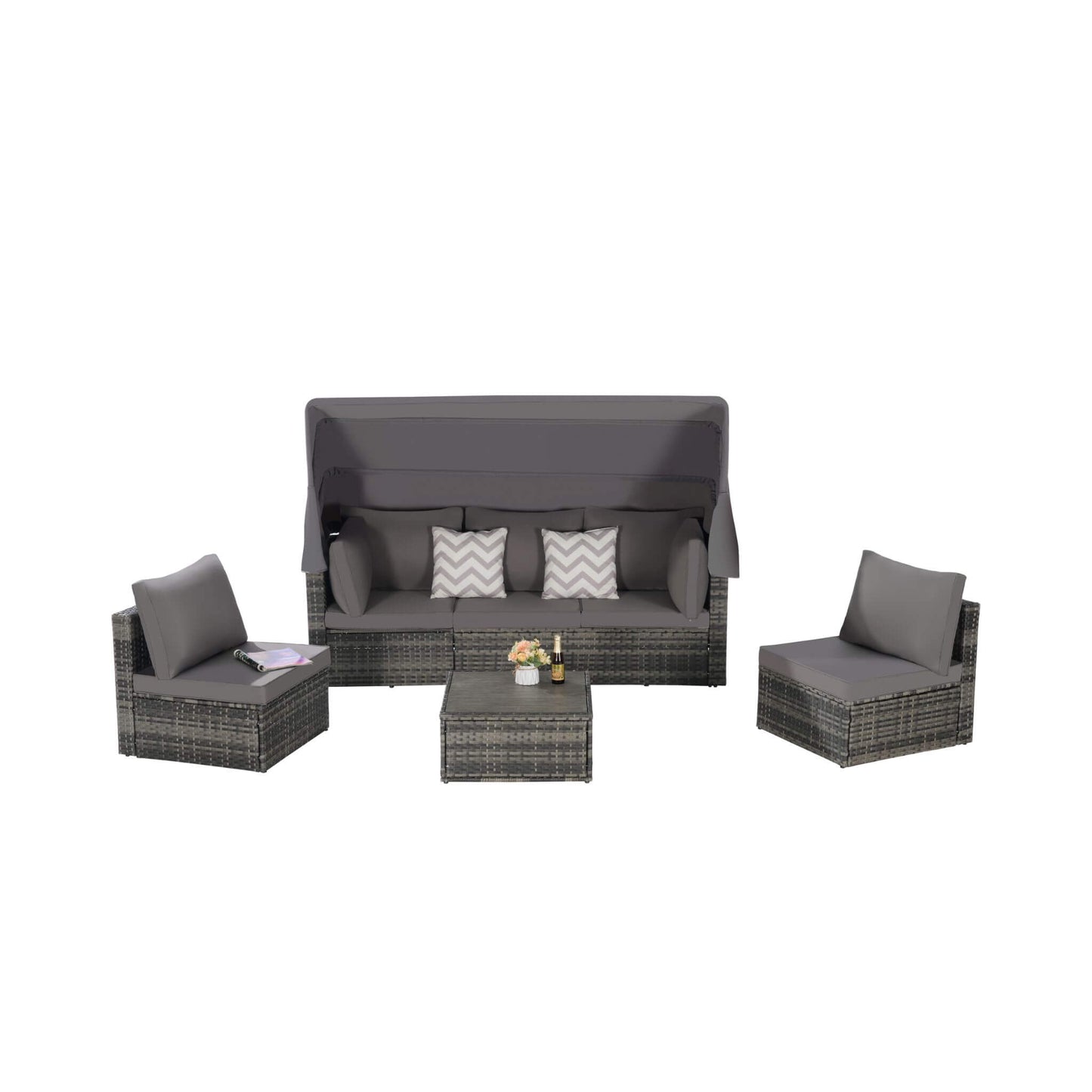 Outdoor furniture set with a sofa, two chairs, and a small table on a white background