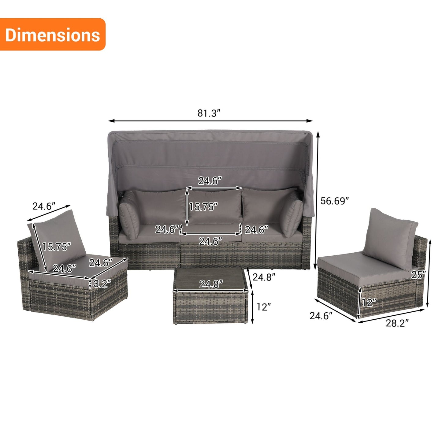 5‑Piece Outdoor Patio Wicker Daybed Set with Retractable Canopy