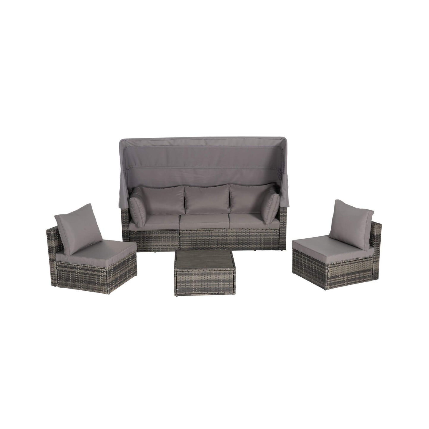 Outdoor furniture set with gray cushions on a white background