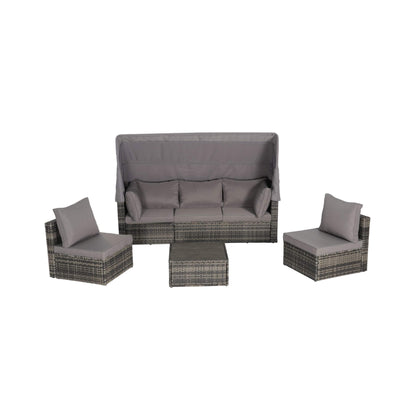 Outdoor furniture set with gray cushions on a white background