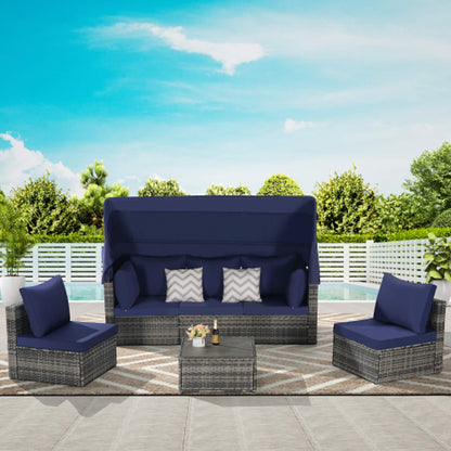Outdoor patio set with blue cushions and a canopy on a sunny day.