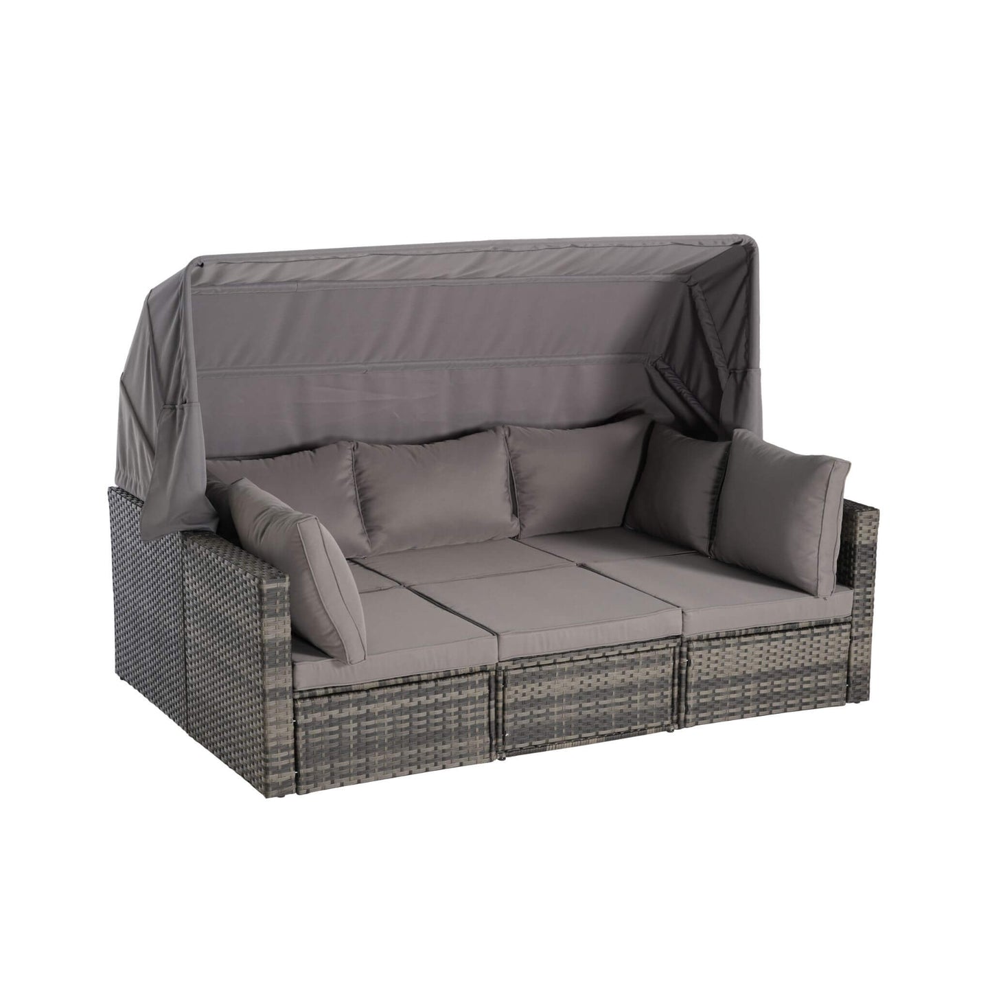 Outdoor sofa with cushions and canopy on a white background