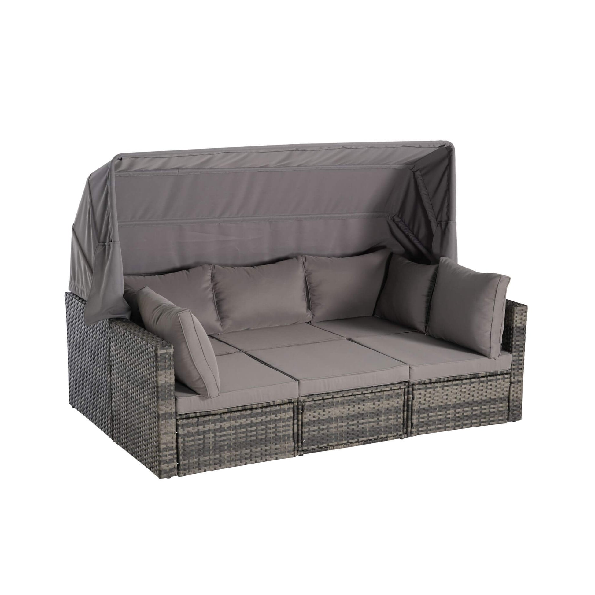 Outdoor sofa with cushions and canopy on a white background